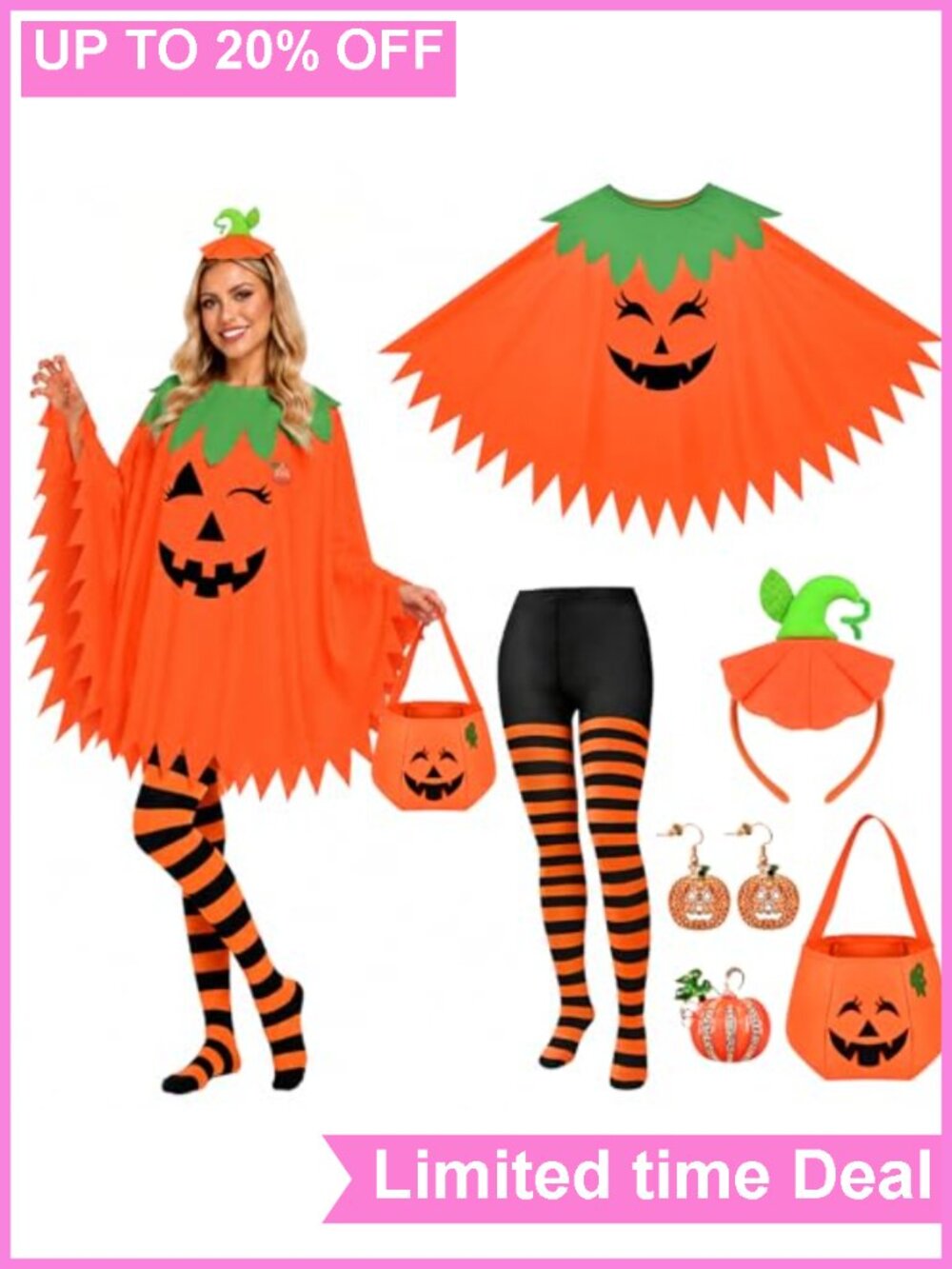 Women's 6 PC Pumpkin Halloween Costume Set Poncho Tights Candy Bag One Size